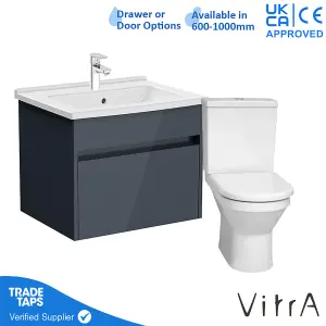 VitrA 600mm Wall Hung Bathroom Vanity Unit with 1 Drawer Includes Basin, Chrome Tap and Close Coupled Toilet Set - Grey Gloss