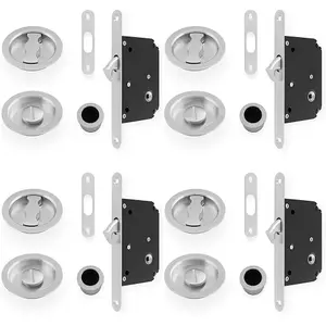 4 PACK - Sliding Pocket Door Lock & Latch Set - Satin Chrome Rounded Forend Finger Pull