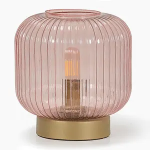 ValueLights Monroe Blush Pink Ribbed Glass Portable Cordless Battery Powered Table Lamp Bedside Light