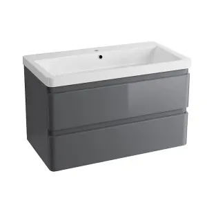 SunDaze 800mm Wall Hung 2 Drawer Vanity Unit Basin Storage Bathroom Furniture Gloss Grey