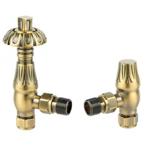 Pair of Brushed Brass Decorative Metal Head Angled Radiator Valves