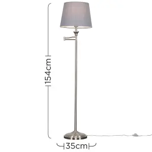 ValueLights Sinatra Adjustable Swing Arm Floor Lamp In Brushed Chrome Finish with Grey Light Shade