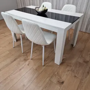 Wooden White Black Dining Table  with 4 White Stitched Leather Chairs Set