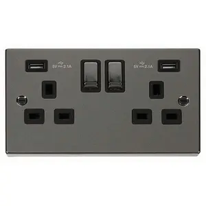 Black Nickel 2 Gang 13A DP Ingot 2 USB Twin Double Switched Plug Socket - Black Trim - SE Home