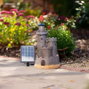 Primrose Solar Powered Grey Castle Cascading Water Feature With Battery Backup and Lights H49cm