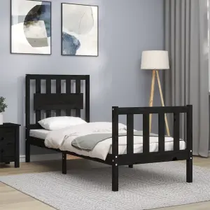 Berkfield Bed Frame with Headboard Black Small Single Solid Wood