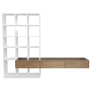 White Gloss and Oak Wall Mounted Open Bookshelves with Drawers - Everett