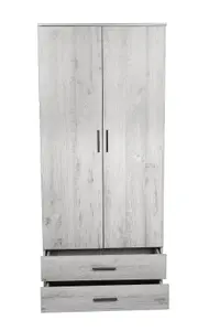 URBNLIVING 180cm Tall Wooden 2 Door Wardrobe With 2 Drawers Ash Grey Carcass and Grey Drawers Bedroom Storage Hanging Bar Clothes