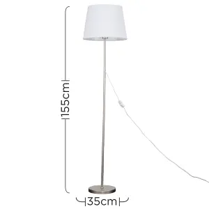 ValueLights Modern Standard Floor Lamp In Brushed Chrome Metal Finish With White Tapered Shade