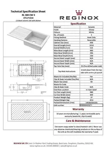 Reginox RL304 CW II White 1.0 Bowl Inset Reversible Ceramic Kitchen Sink