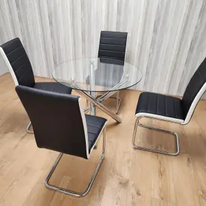 Round Chrome Metal and Clear Glass Dining Table and 4 Stylish Black White Faux Leather Dining Chairs Set