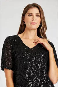 Bonmarche Black Half Sleeve Sequin Top, Size: 10