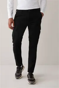 Mens Next Black Slim Fit Cotton Stretch Cargo Trousers - Black