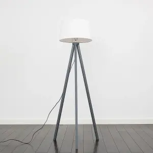 ValueLights Modern Copper Wood Tripod Floor Lamp With White Faux Linen Shade