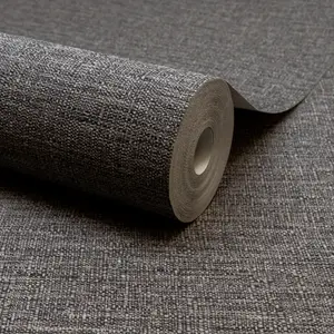 Grandeco Telma Slubbed Fabric Hessian Textured Luxury Wallpaper, Charcoal Grey