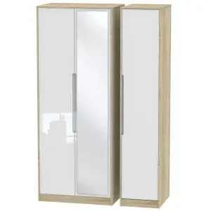 Turin Tall Triple Mirror Wardrobe in White Gloss & Bardolino Oak (Ready Assembled)