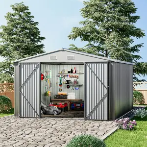 10x12ft Grey Apex Metal Garden Storage Shed Outdoor  Storage Shed with Lockable Double Door