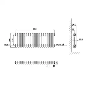 Horizontal White Double Column Radiator (H) 300mm x (W) 830mm, 1895 BTU.