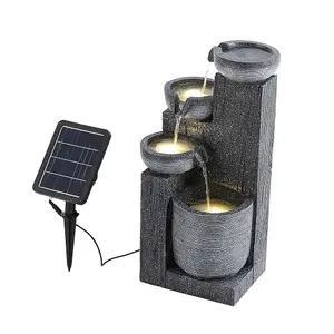 Outdoor Solar Powered 4-Tier Water Fountain Rockery Decor with Warm Light