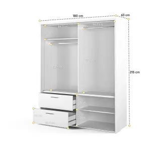 LUX XXII - White Mirrored Sliding Door Wardrobe (H2150mm W1800mm D570mm) with Drawers and Shelves - Streamlined Storage Solution