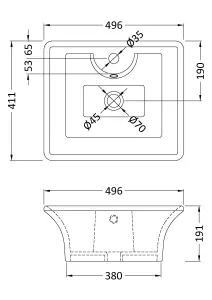 Rectangular 1 Tap Hole Ceramic Countertop Vessel without Overflow - 495mm