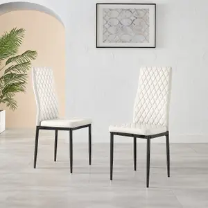 Set of 6 Milan White High Back Soft Touch Diamond Pattern Faux Leather Black Powder Coated Metal Leg Dining Chairs