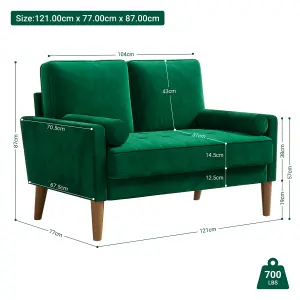 121CM Velvet Love Seat Green Couch with 2 Pillows