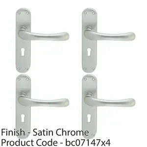 4 PACK - Smooth Rounded Latch & Lock Door Handle - Satin Chrome Lever on Backplate