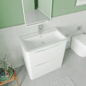 Floor Standing 2 Drawer Vanity Basin Unit with Polymarble Basin, 800mm - Satin White