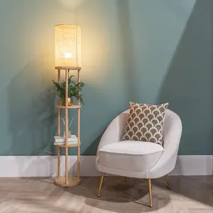 ValueLights Elsa Natural Wooden 3 Tier Floor Lamp with Bamboo Shade and Storage Shelves - Bulb Included