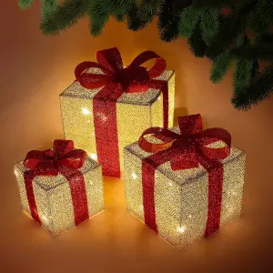 3 X Decorative Christmas Parcels - With 35 White Led Lights - Parcel Set With Bow - Ideal Sparkling Parcel Use Under Christmas