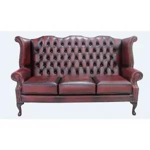 Chesterfield 3 Seater High Back Wing Sofa Antique Oxblood Red Leather In Queen Anne Style