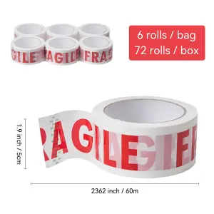 6 Rolls General Purpose Packing Parcel Tape, Caution Tape Fragile Printed 50mm x 60m