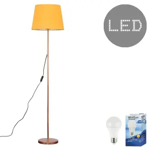 ValueLights Modern Standard Floor Lamp In Copper Metal Finish With Mustard Tapered Shade - With LED GLS Bulb in Warm White