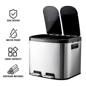 Stainless Steel Pedal Bin 2 Section Trash Can Kitchen Bin Recycling Rubbish Bin 20L