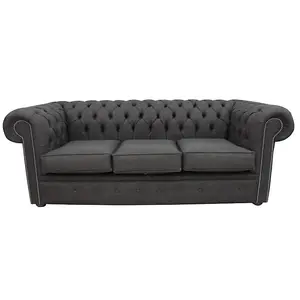 Chesterfield 3 Seater Sofa Charles Charcoal Grey Linen Fabric In Classic Style