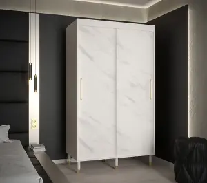 Bergen Contemporary 2 Sliding Door Wardrobe Gold Handles Marble Effect 5 Shelves 2 Rails White (H)2080mm (W)1200mm (D)620mm