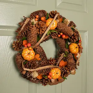 36cm Hanging Artificial Harvest Home Autumn Wreath with Pinecones and Pumpkins