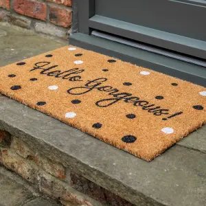 Printed Natural Coir Door Mat Polka Dot Hello Gorgeos Decorative Heavy Duty Entrance Mat 45cm x 75cm Indoor / Sheltered Outdoor