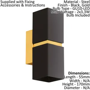 2 PACK Wall Light Colour Gold Plated Steel Black Square Shape Shade GU10 2x3.3W