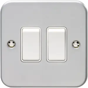 2 Gang Double Light Switch 2 Way 10A HEAVY DUTY METAL CLAD - White Trim & Rocker