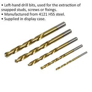 5 Piece Left-Hand Spiral Drill Bit Set for Easy Extraction - 3.2mm to 8.7mm - HSS 4121 Steel