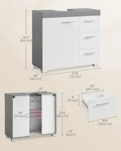 VASAGLE Pedestal Sink Bathroom Cabinet, 3-Drawer Storage with 2 Shelves Behind Door, with Feet, Cloud White and Dove Grey