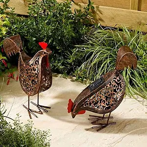 Solar Powered LED Hens Lights Metal Garden Animal Sculptures