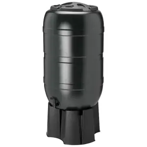 210L Large Black Water Butt For Outdoor Gardens Complete With Stand, Filer, Tap & Lockable Lid