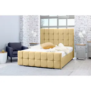 Capri Plush Bed Frame With Cubed Headboard - Beige