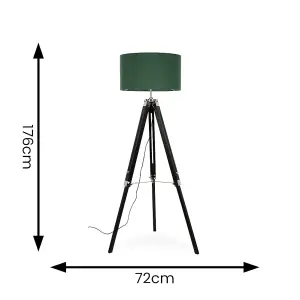 ValueLights Clipper Modern Black Wood and Silver Chrome Tripod Floor Lamp with Forest Green Drum Shade