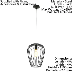 Hanging Ceiling Pendant Light Black Wire Cage 1 x 60W E27 Hallway Feature Lamp