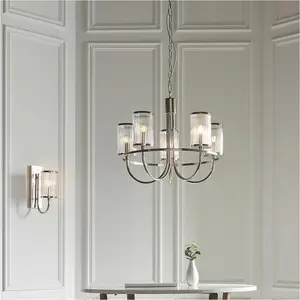 5 Light Hanging Ceiling Pendant & 2x Matching Wall Lights - Bright Nickel Frame Clear Ribbed Bubble Glass Shades