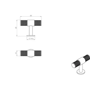 Knurled Cupboard T Shape Pull Handle 50 x 13mm Satin Nickel Cabinet Handle
